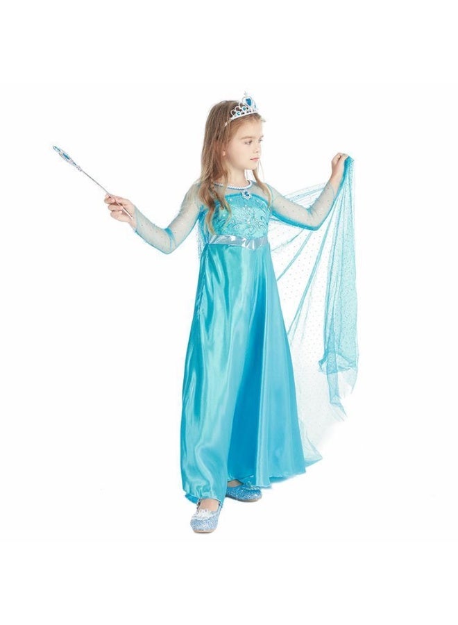 JAYATO 9 PCS Set Frozen Princess Aisha Children's Dress with Crown, magic wand, gloves , necklace, earrings, ring hair accessories set for party and Role-playing size 120cm - Image 5