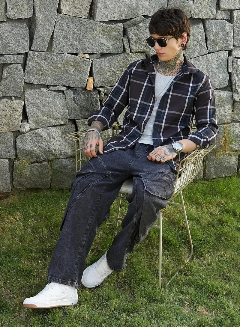 كامبوس سوترا Men's Charcoal Grey Dark-Plaid Relaxed Shirt