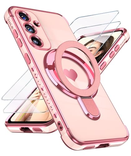 Liufcx for Samsung Galaxy S25 FE Cute Love Heart Kickstand Woman Girls Phone Case with Screen Protector: Luxury Plated Gold Edge Slim Soft TPU Full Camera Protection Cover for Galaxy S25 FE (Pink) - Image 1
