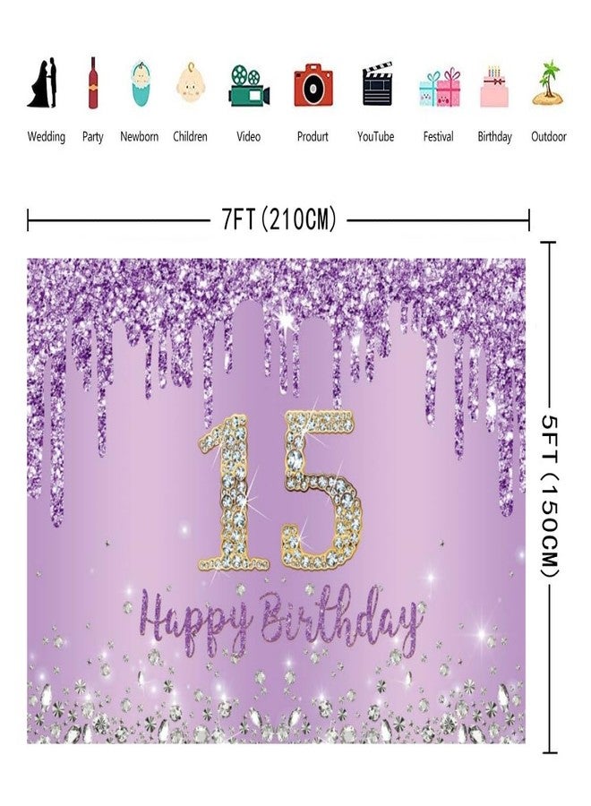 INRUI Purple Happy 15th Birthday Photography Background Girls Sweet Fifteen Years Old Birthday Party Decorations Backdrop 7x5FT - Image 4