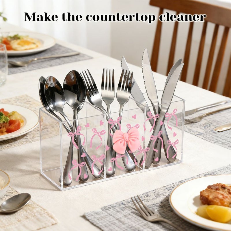 1pc Acrylic Three Compartment Transparent Tableware Storage Box With Unique Bow Print And 3D Bow Applique For Kitchen And Dining Room Organization And Efficient Storage - Image 1
