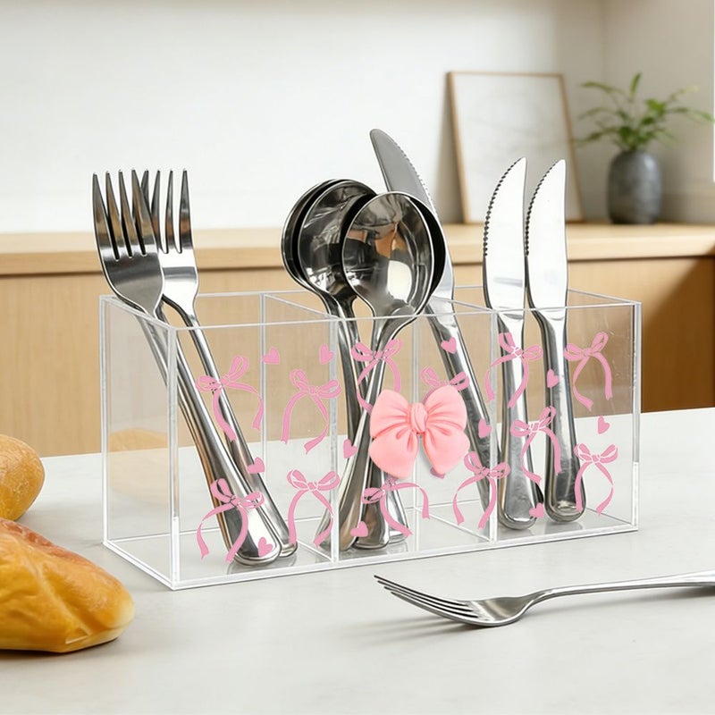 1pc Acrylic Three Compartment Transparent Tableware Storage Box With Unique Bow Print And 3D Bow Applique For Kitchen And Dining Room Organization And Efficient Storage - Image 3