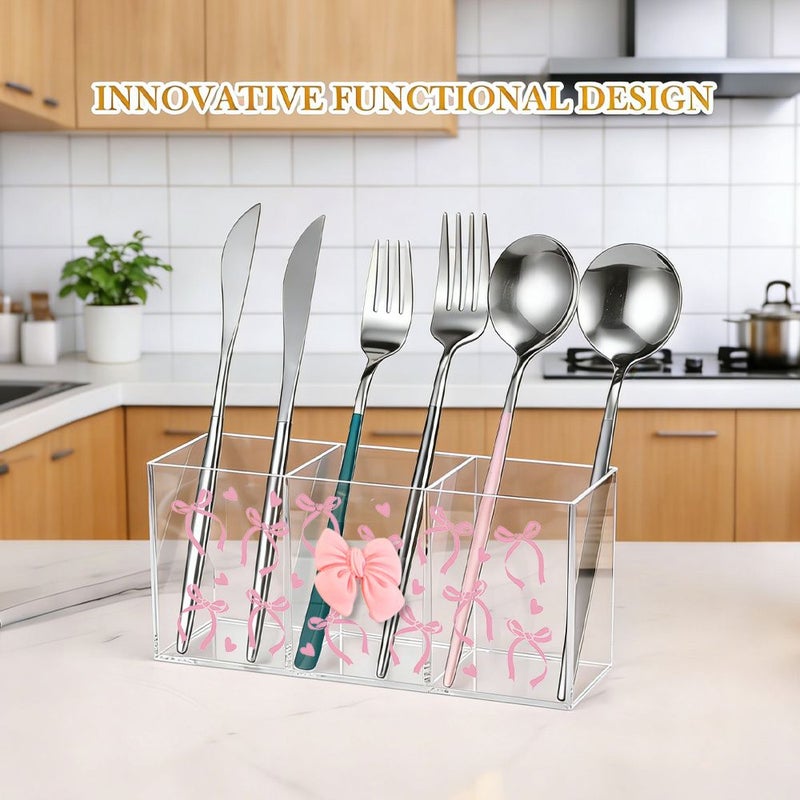 1pc Acrylic Three Compartment Transparent Tableware Storage Box With Unique Bow Print And 3D Bow Applique For Kitchen And Dining Room Organization And Efficient Storage - Image 2