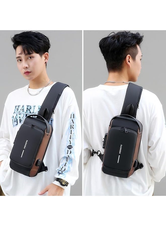 Anti-Theft Crossbody Sling Bag for Men USB Charging Port Lockable Zippers Waterproof Shoulder Chest Bag for Travel Business & Daily Use Stylish PU Leather Messenger Backpack - Image 4