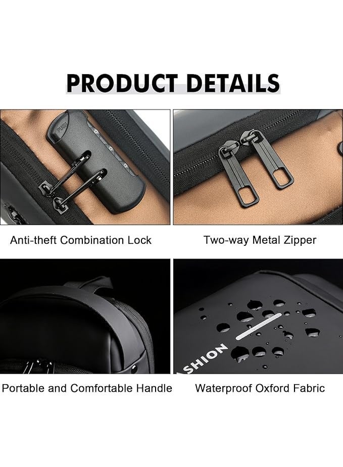 Anti-Theft Crossbody Sling Bag for Men USB Charging Port Lockable Zippers Waterproof Shoulder Chest Bag for Travel Business & Daily Use Stylish PU Leather Messenger Backpack - Image 5