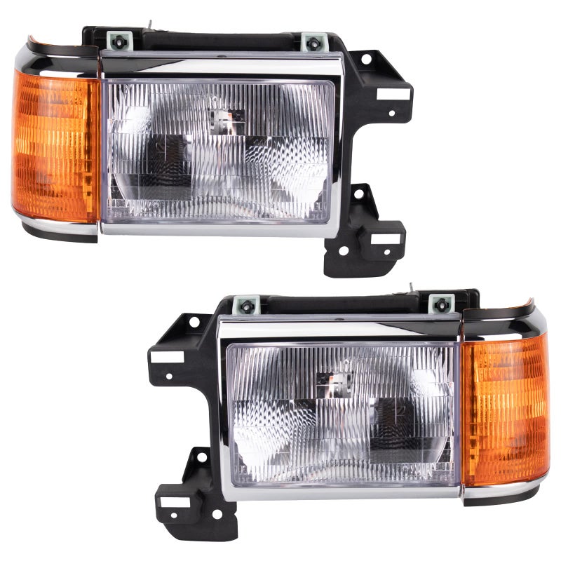 TRQ 2 Piece Headlight Assembly Set Halogen Chrome Black Bezel Driver Passenger Side Compatible with Ford Bronco F150 19871991 FO2502105 FO2503105