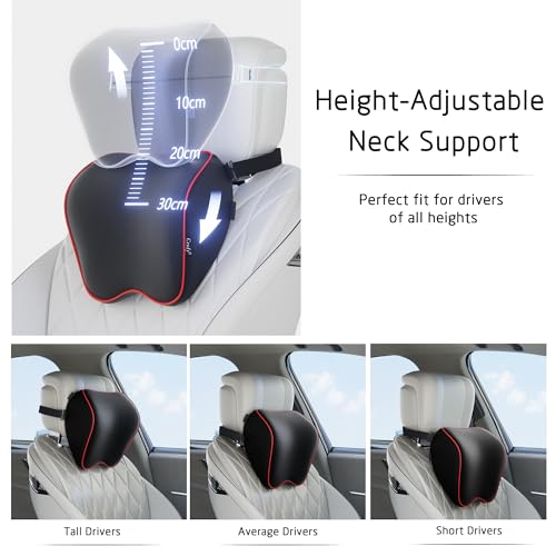 Crofy 2 Pack Car Neck Pillow, Softness Car Headrest Pillow for Driving with Adjustable Strap, 100% Memory Foam and Breathable Removable Cover, Comfortable Ergonomic Design, Black & Red - Image 2