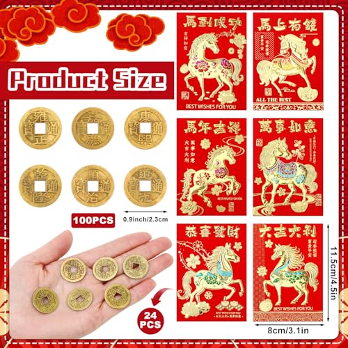 JULMELON 24 Pcs Chinese New Year Red Envelopes and 100 Pcs Lucky Coins Set, Lunar New Year Envelopes for Gifting and Celebrations - Image 2