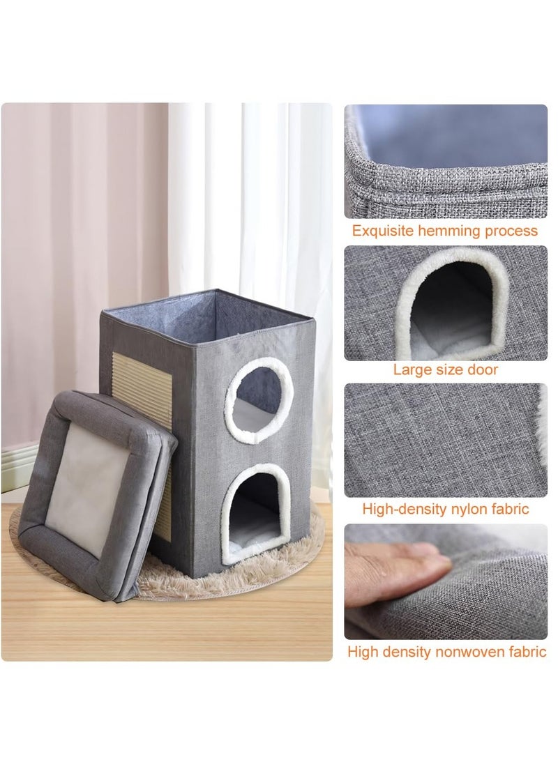 XiuWoo - 4 In 1 Cat House Large Kitten Cave Foldable Pet Bed With Balcony And Cube Cat Scratching Pad Pet Sleeping Cot Cat Play Center 40x40x64Cm - Image 1
