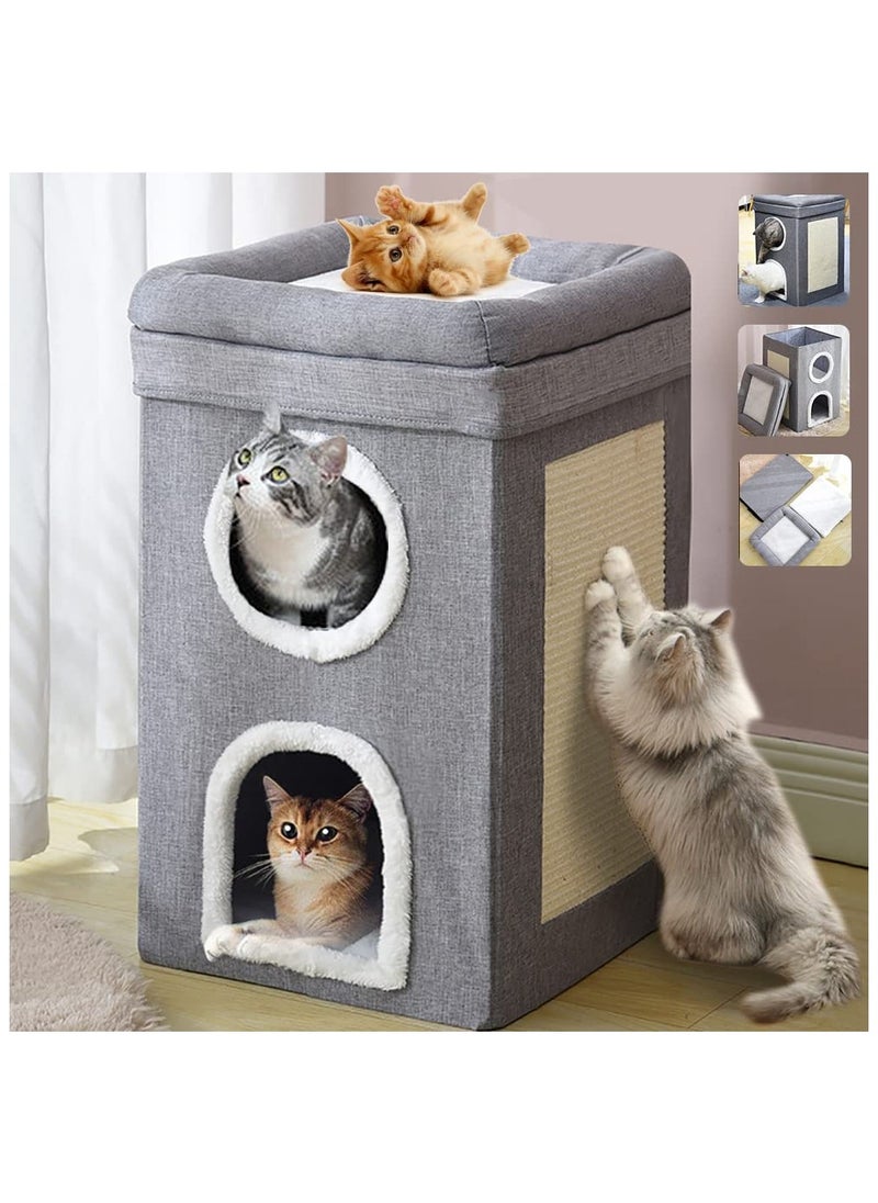 XiuWoo - 4 In 1 Cat House Large Kitten Cave Foldable Pet Bed With Balcony And Cube Cat Scratching Pad Pet Sleeping Cot Cat Play Center 40x40x64Cm - Image 1