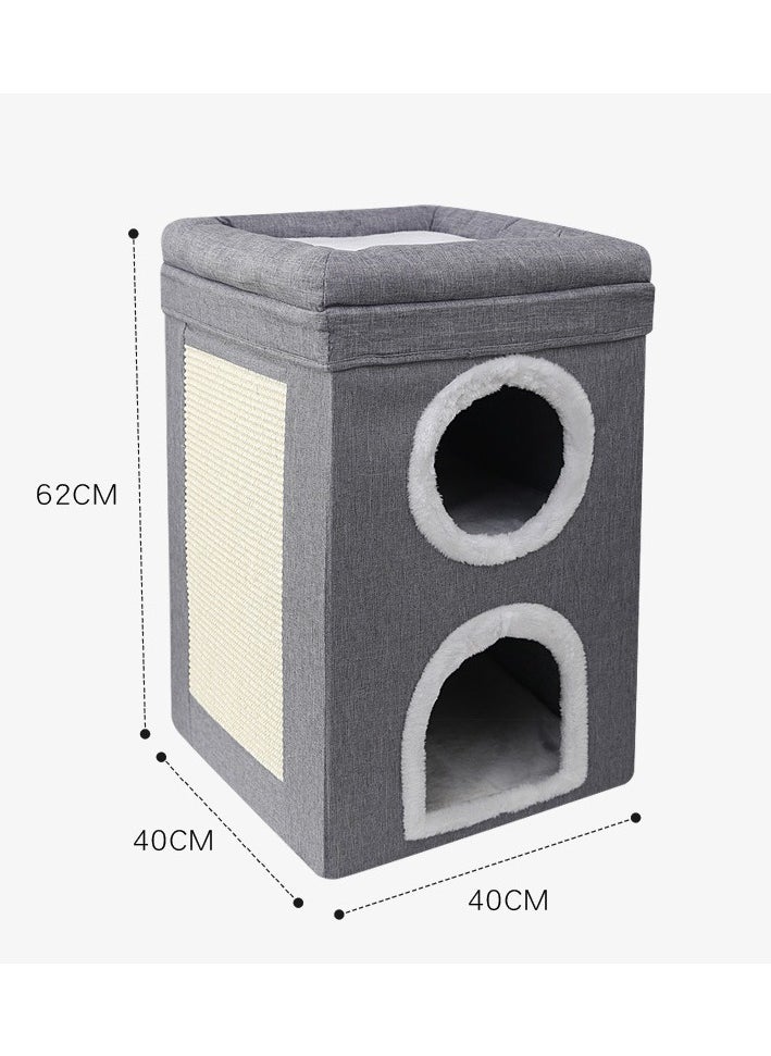 XiuWoo - 4 In 1 Cat House Large Kitten Cave Foldable Pet Bed With Balcony And Cube Cat Scratching Pad Pet Sleeping Cot Cat Play Center 40x40x64Cm - Image 1