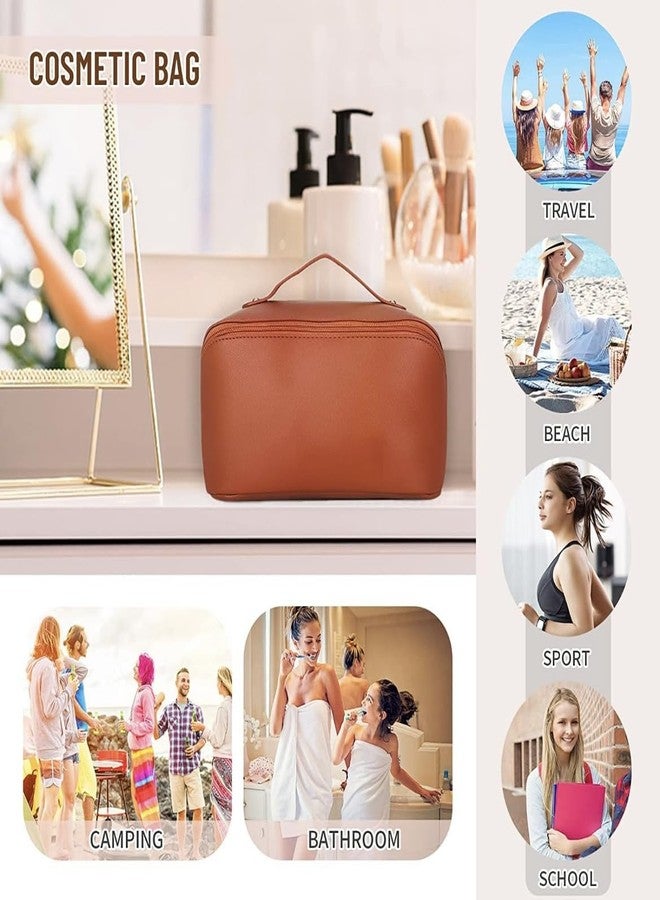 W2S Large Capacity Cosmetic Travel Bag, Women's Makeup Travel Accessory, Cosmetic Bag Portable Leather, Makeup Bags with Handle & Divider, Wide Opening Cosmetic/Makeup Organizer (Brown) - Image 5