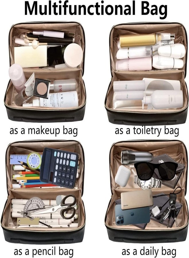 W2S Large Capacity Cosmetic Travel Bag, Women's Makeup Travel Accessory, Cosmetic Bag Portable Leather, Makeup Bags with Handle & Divider, Wide Opening Cosmetic/Makeup Organizer (Brown) - Image 2