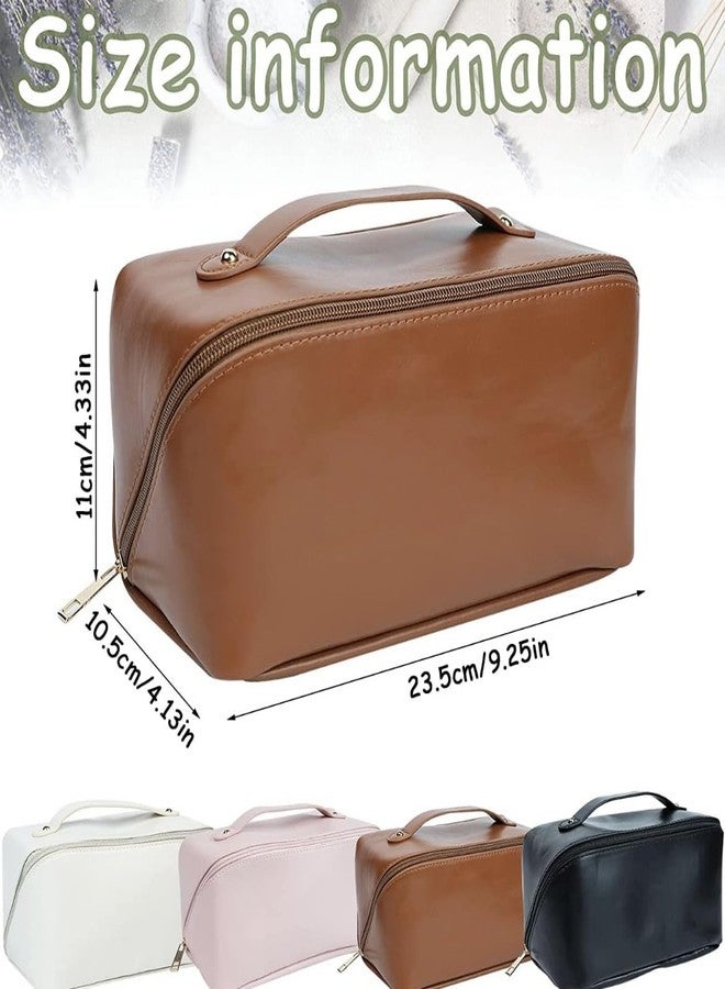 W2S Large Capacity Cosmetic Travel Bag, Women's Makeup Travel Accessory, Cosmetic Bag Portable Leather, Makeup Bags with Handle & Divider, Wide Opening Cosmetic/Makeup Organizer (Brown) - Image 4