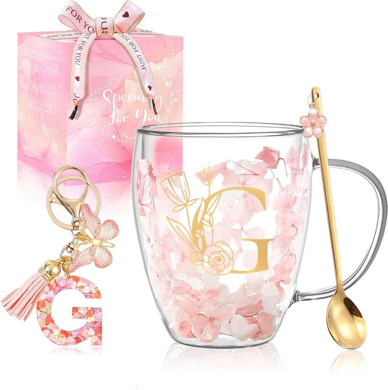 BigNoseDeer Gifts for Women Glass Coffee Mugs Unique Birthday Gift for Women Her Ladies Espresso Tea Cups Personalised Friendship Wedding Gifts Cute Double Walled Glass Mugs Pink Stuff Graduation Gift (Letter G) - Image 1