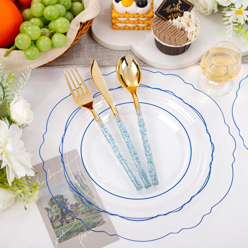 Liacere 150PCS Clear Blue Plastic Plates - Clear Blue Disposable Plates with Glitter Bamboo Handle Cutlery - 60 Baroque Elegant Plates  30 Forks  30 Spoons  30 Knives for Wedding &Summer - Image 2