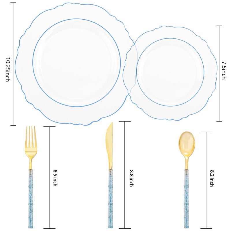 Liacere 150PCS Clear Blue Plastic Plates - Clear Blue Disposable Plates with Glitter Bamboo Handle Cutlery - 60 Baroque Elegant Plates  30 Forks  30 Spoons  30 Knives for Wedding &Summer - Image 4