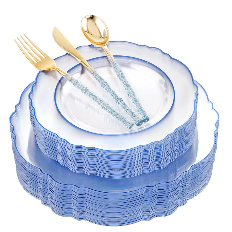 Liacere 150PCS Clear Blue Plastic Plates - Clear Blue Disposable Plates with Glitter Bamboo Handle Cutlery - 60 Baroque Elegant Plates  30 Forks  30 Spoons  30 Knives for Wedding &Summer - Image 1
