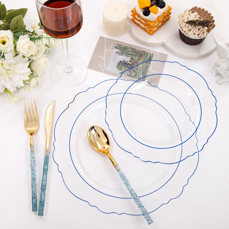 Liacere 150PCS Clear Blue Plastic Plates - Clear Blue Disposable Plates with Glitter Bamboo Handle Cutlery - 60 Baroque Elegant Plates  30 Forks  30 Spoons  30 Knives for Wedding &Summer - Image 3