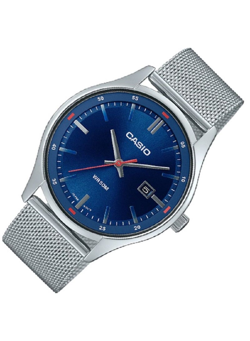Casio Men Watch Analog Date Display Blue Dial Stainless Steel Mesh Band MTP-E710M-2AVDF - Image 2