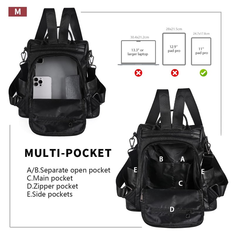 PINCNEL Women Backpack Purse Waterproof Nylon Anti-theft Rucksack Lightweight Shoulder Bag, Medium, Black - Image 2