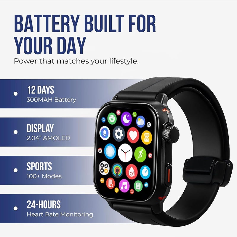 CAROSKI Smart Watch 2.04'' Display, 100+ Sports modes,Remote Control Camera, Sleep Tracking, Fast Charging, BT Call, Weather Display, Flashlight, Heat Rate & Blood Pressure Monitor, Black - Image 3