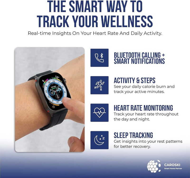 CAROSKI Smart Watch 2.04'' Display, 100+ Sports modes,Remote Control Camera, Sleep Tracking, Fast Charging, BT Call, Weather Display, Flashlight, Heat Rate & Blood Pressure Monitor, Black - Image 2