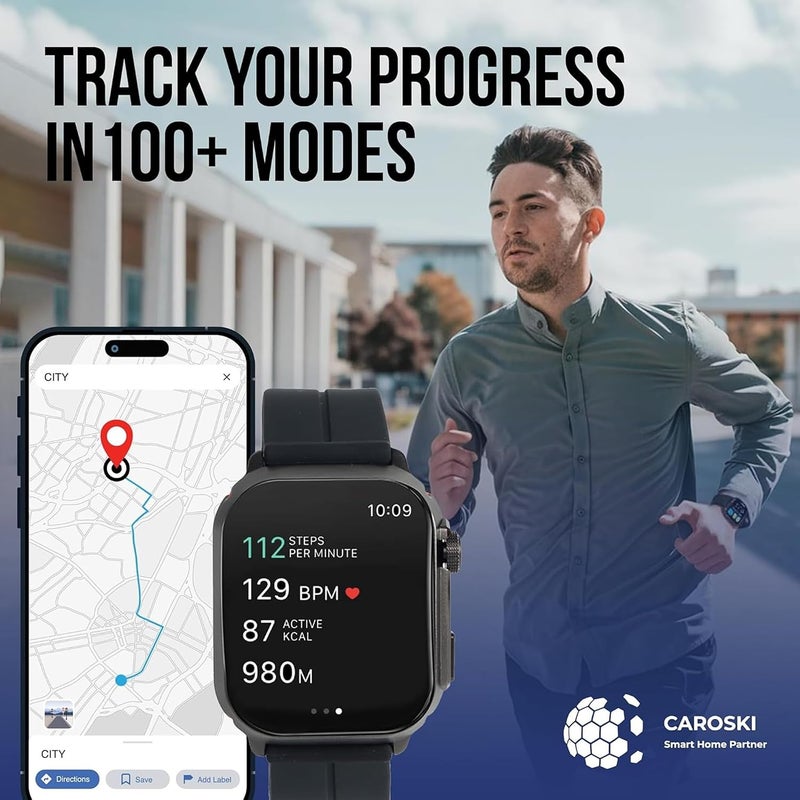 CAROSKI Smart Watch 2.04'' Display, 100+ Sports modes,Remote Control Camera, Sleep Tracking, Fast Charging, BT Call, Weather Display, Flashlight, Heat Rate & Blood Pressure Monitor, Black - Image 5