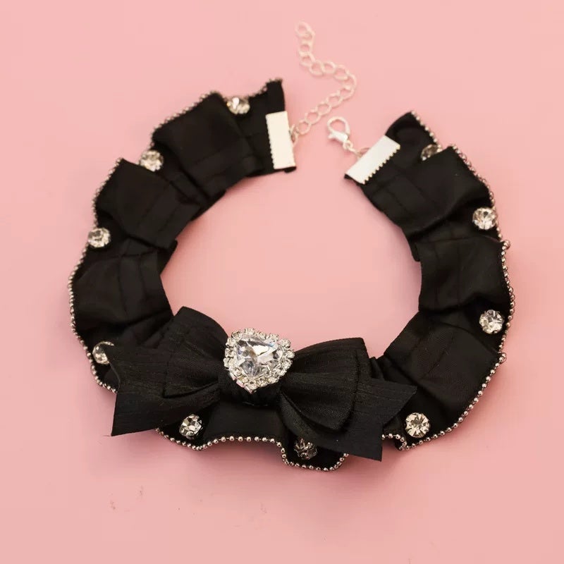 Pet collar, kitten, dog drool towel, accessory, lace, heart, rhinestone, bow, high-end feeling, black and white Chanel style - Image 3