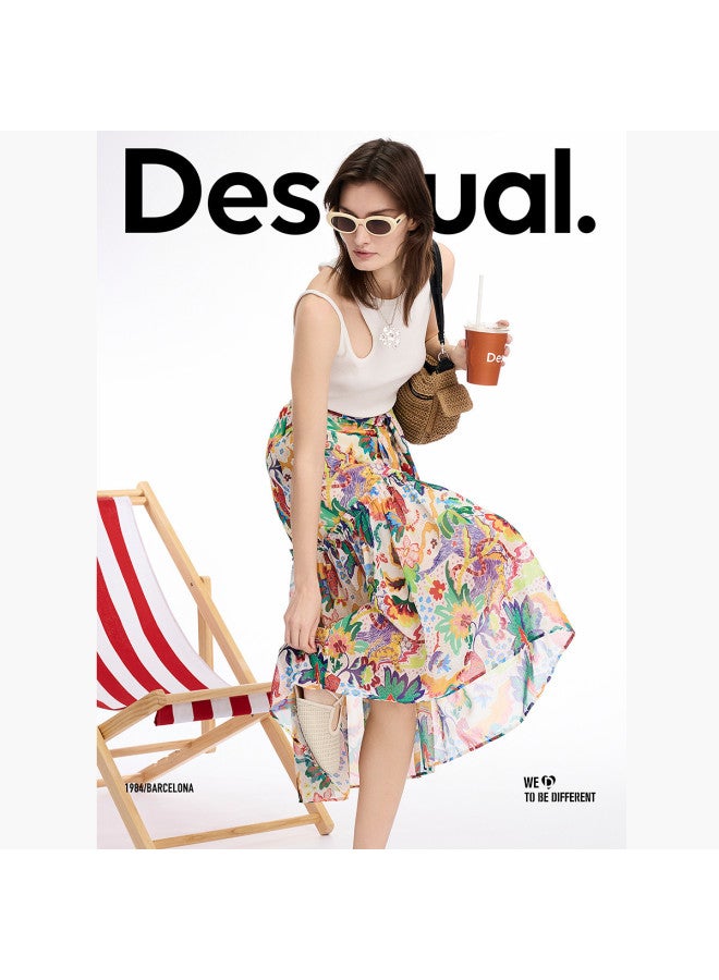 DESIGUAL تنورة ميدي مطبوعة بنمط حيواني بتصميم بوهيمي مع رباط - Image 2