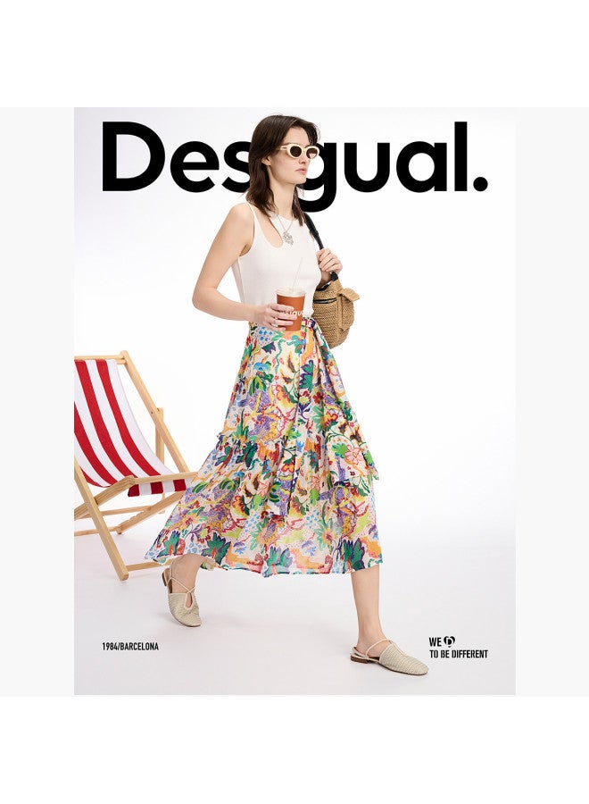 DESIGUAL تنورة ميدي مطبوعة بنمط حيواني بتصميم بوهيمي مع رباط - Image 3