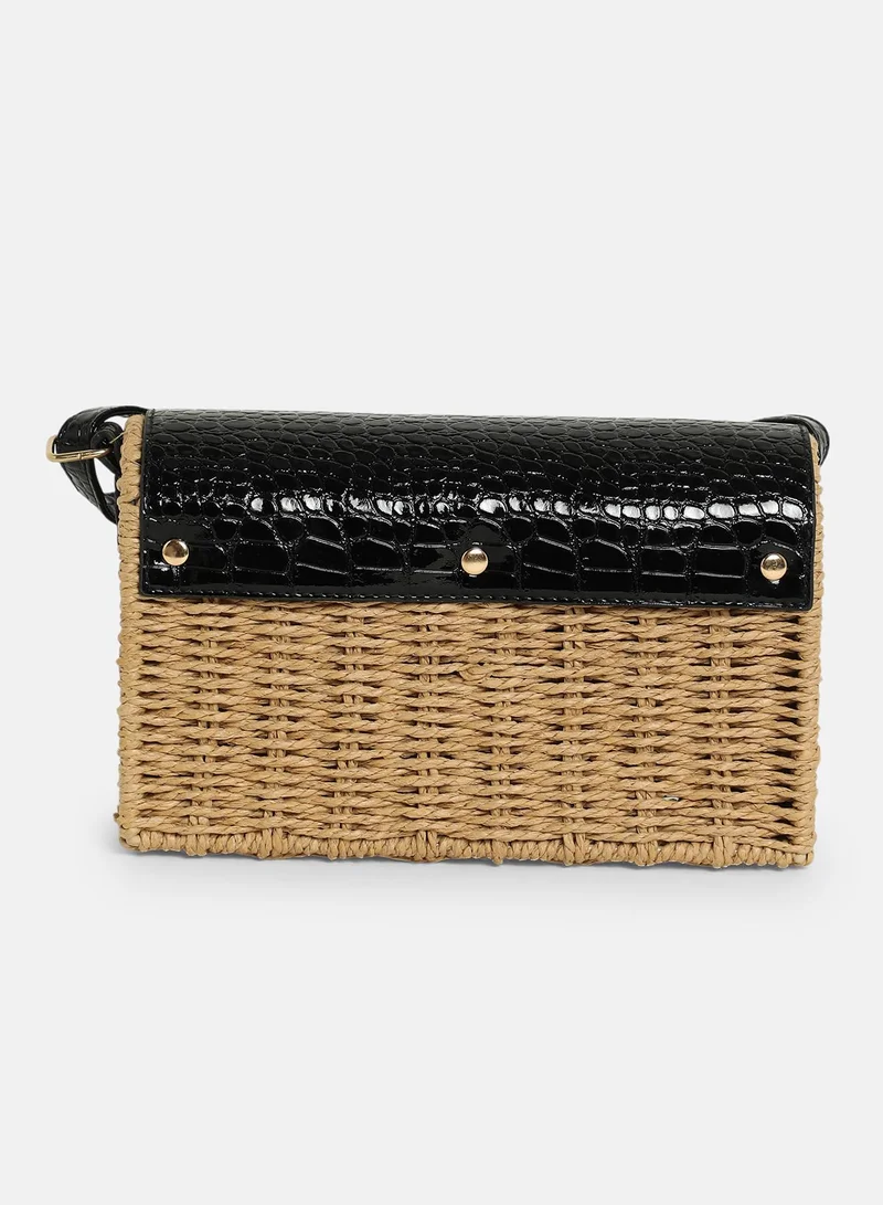 Haute Sauce Colour block Magnet Lock Regular Cane Sling Bag with Detachable Strap For Women