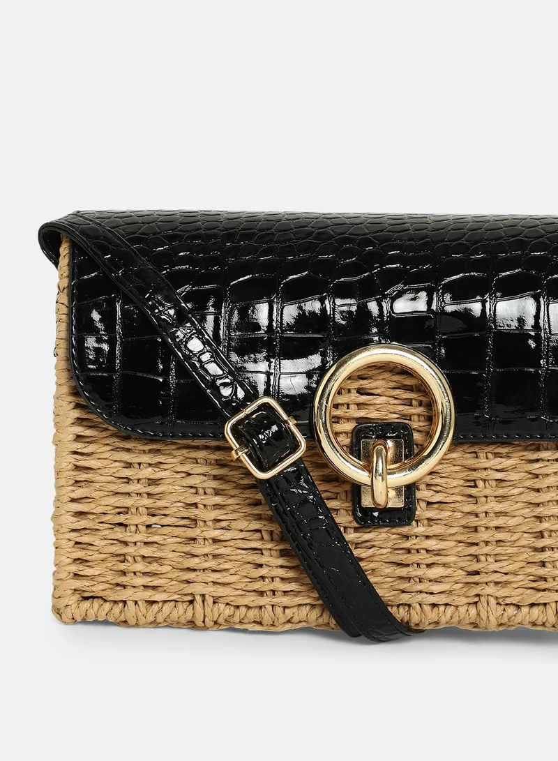 Haute Sauce Colour block Magnet Lock Regular Cane Sling Bag with Detachable Strap For Women