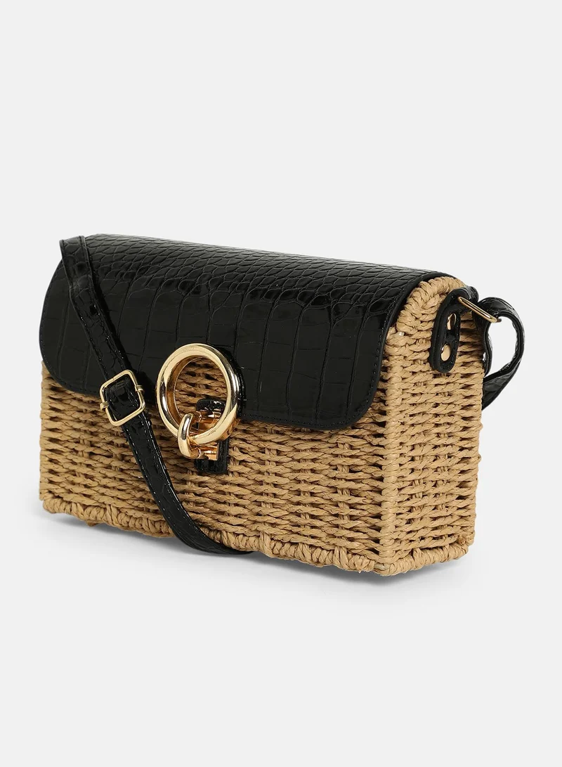 Haute Sauce Colour block Magnet Lock Regular Cane Sling Bag with Detachable Strap For Women