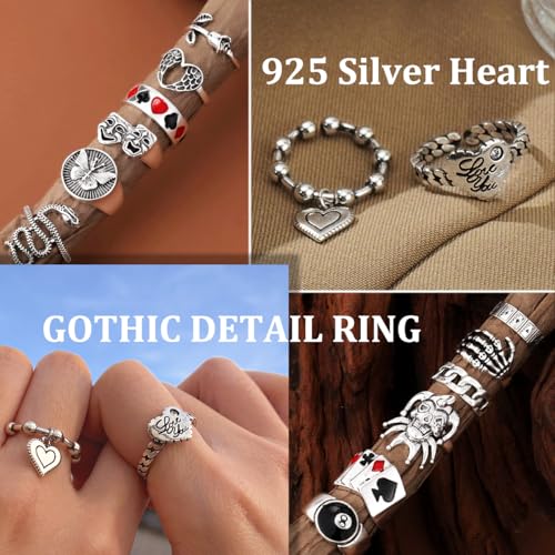 17IF Vintage Silver Goth Grunge Ring Set for Women Men Chunky Gothic Cool Punk Stackable Adjustable Open Knuckle Finger Rings Bulk Stacking Ring Pack - Image 4