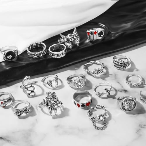 17IF Vintage Silver Goth Grunge Ring Set for Women Men Chunky Gothic Cool Punk Stackable Adjustable Open Knuckle Finger Rings Bulk Stacking Ring Pack - Image 3