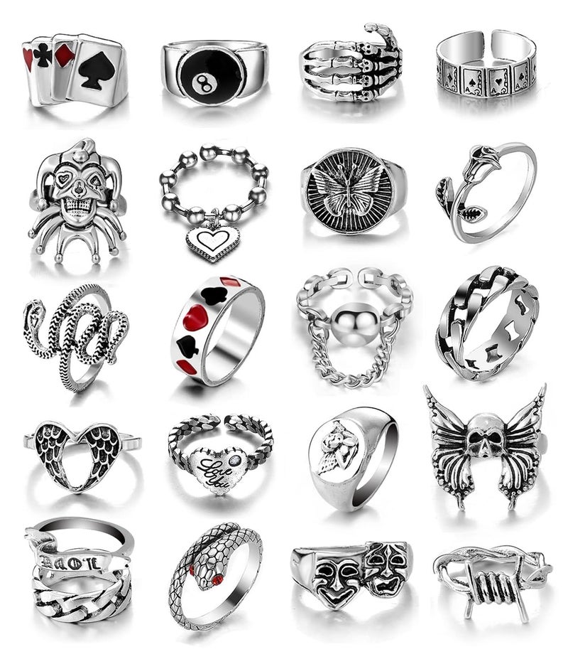 17IF Vintage Silver Goth Grunge Ring Set for Women Men Chunky Gothic Cool Punk Stackable Adjustable Open Knuckle Finger Rings Bulk Stacking Ring Pack - Image 1