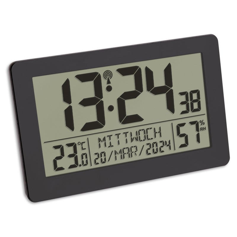 TFA Dostmann Large Digital Radio Wall Clock with Temperature Display Date Days of The Week Black L 206 x B 30 59 x H 130 mm