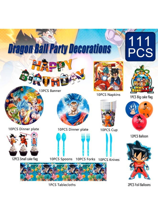 Dragon Ball Birthday Decorations for 10 Guests, 111pcs Dragon Ball Party Tableware Set Banner Balloons Cupcake Topper Napkins Paper Cups Table Cloth etc Dragon Ball Party Decoration Supplies - Image 2
