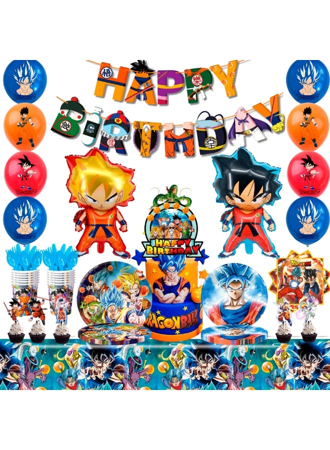 Dragon Ball Birthday Decorations for 10 Guests, 111pcs Dragon Ball Party Tableware Set Banner Balloons Cupcake Topper Napkins Paper Cups Table Cloth etc Dragon Ball Party Decoration Supplies - Image 1