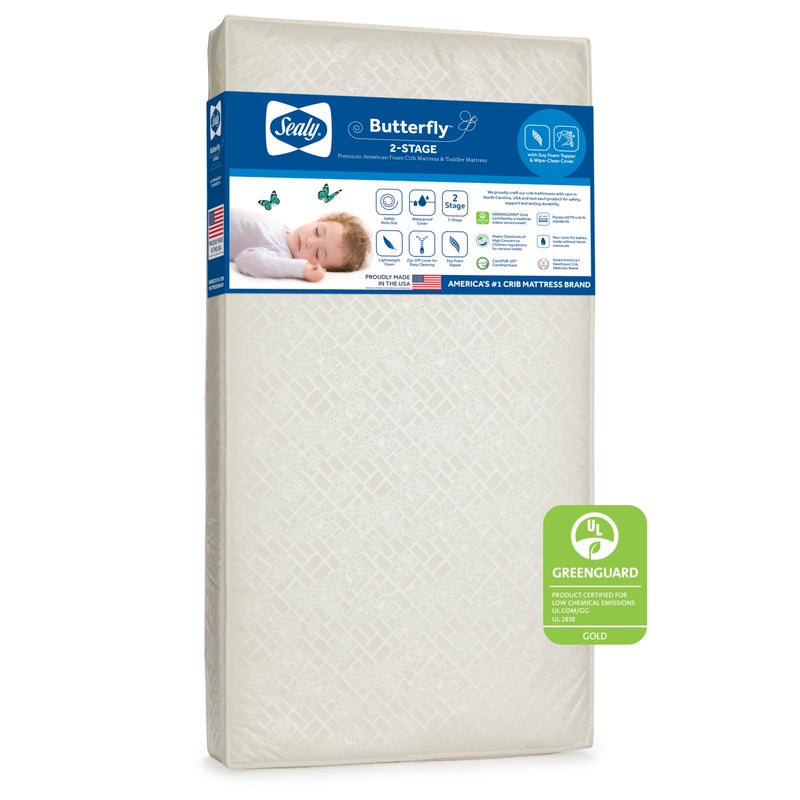 SEALY BABY Sealy Baby Butterfly 2 Stage Waterproof Crib Mattress plus Toddler Bed Fit Premium Foam Washable Easy Clean Zip Off Cover GREENGUARD Gold Certified Safety Quality Tested Made in USA 52X28 