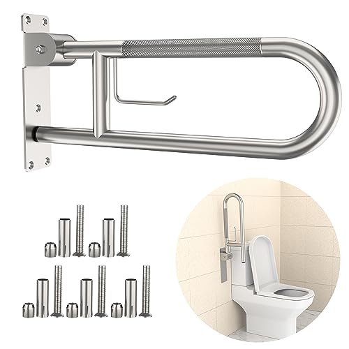 YuanDe Toilet Grab Bar 224 Inch YuanDe Brushed Nickel AntiSlip Support Rail U Shaped FlipUp Grab Bar with Paper Holder Stainless Steel Knurled Handicap Safety Handrails for Disabled Elderly Pregnant - Image 2