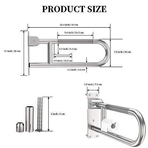 YuanDe Toilet Grab Bar 224 Inch YuanDe Brushed Nickel AntiSlip Support Rail U Shaped FlipUp Grab Bar with Paper Holder Stainless Steel Knurled Handicap Safety Handrails for Disabled Elderly Pregnant - Image 5