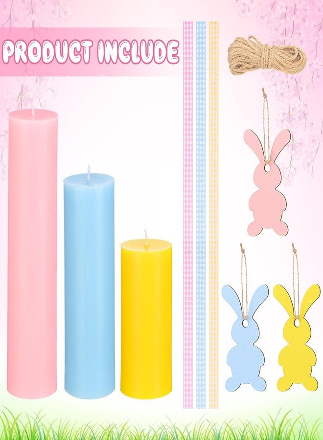 MTLEE Set of 3 Easter Candles Pillar Candles Easter Decor Spring Pastel Color Soy Wax with Fabric Ribbon Rustic Rope Bunny Wooden Hanging Ornaments Gift Decor for Home Bathroom Party Supplies - Image 3