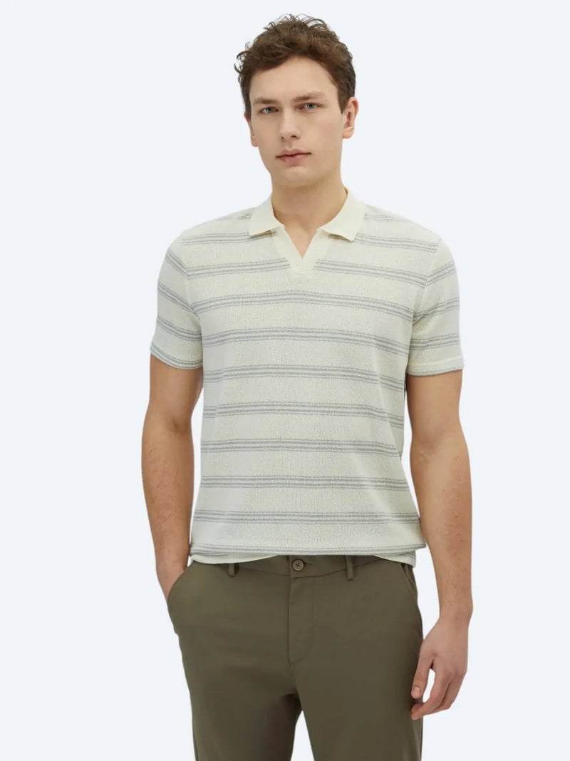 Kip Grey Striped Polo Neck Cotton Blended T-Shirt - Image 1
