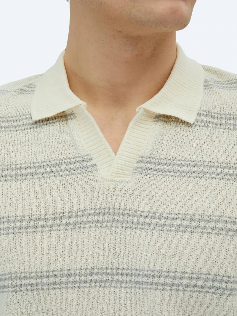 Kip Grey Striped Polo Neck Cotton Blended T-Shirt - Image 5