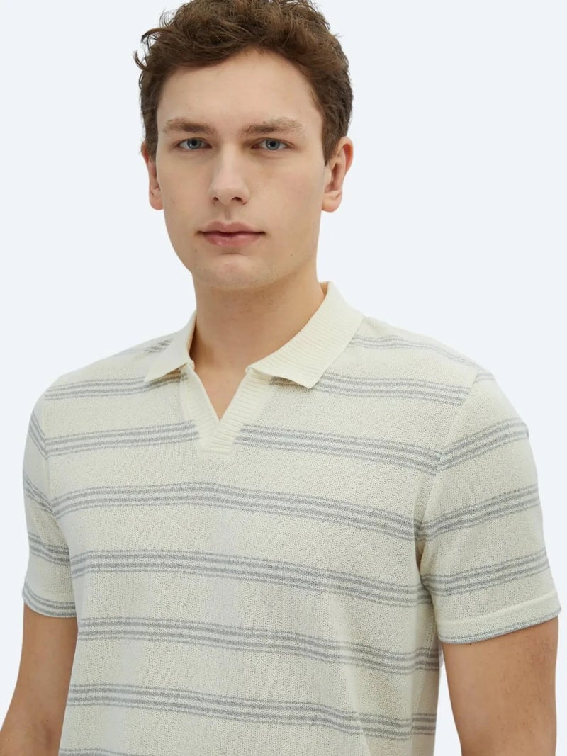 Kip Grey Striped Polo Neck Cotton Blended T-Shirt - Image 3