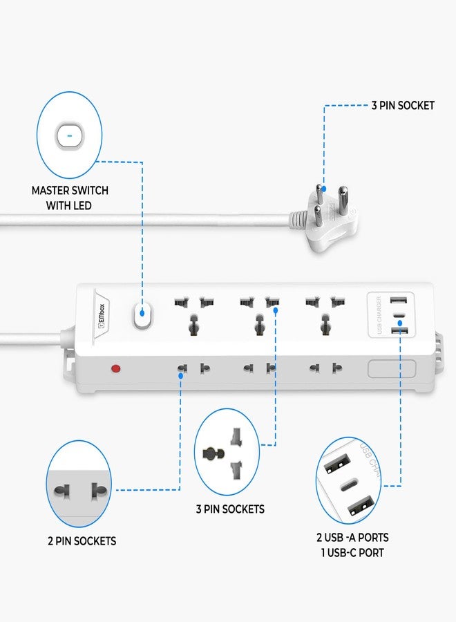 EMBOX لوحة تمديد EMBOX مزودة بمنفذ USB (2.4 أمبير) و3 منافذ USB مع مفتاح رئيسي، وحماية من ارتفاع التيار المفاجئ، ومقابس عالمية 6 أمبير، ومؤشر LED، وغطاء أمان، وسلك تمديد بطول 1.8 متر - Image 4