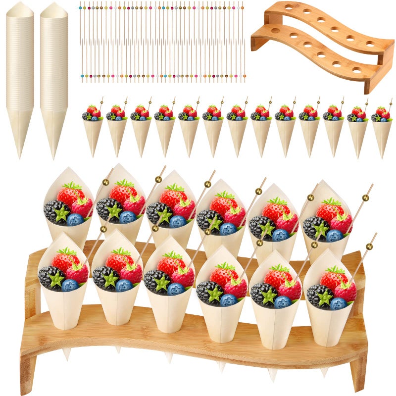 Potchen Potchen Wood Charcuterie Cone Holders and 150 Pcs Ice Cream Cones 12 Holes Food Display Stand Holder 150 Pcs Toothpicks