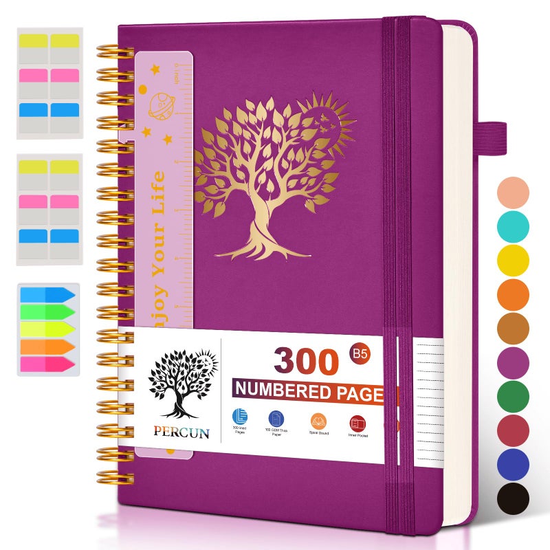 PERCUN Large Spiral Notebook Journal for Women Men - 300 Numbered Lined Pages, College Ruled,B5 Hardcover Spiral Bound Notebook for School, Work, Note Taking, Writing, Leather Spiral Journal 7"x10" - Image 1